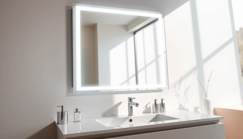 Bright bathroom mirror with LED light illuminating a stylish sink area.
