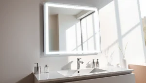 Bright bathroom mirror with LED light illuminating a stylish sink area.