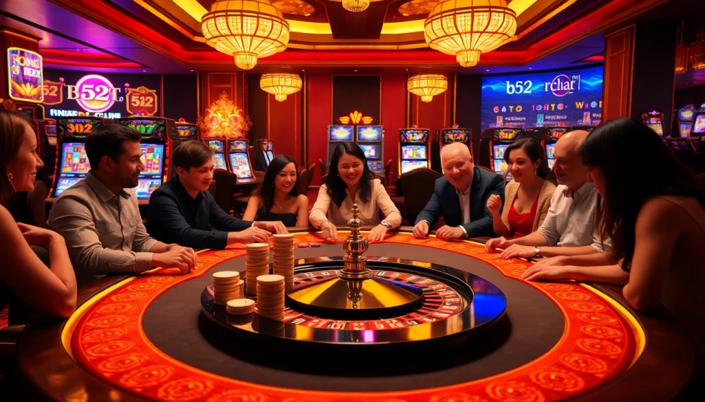 Players enjoying a vibrant game at b52 club poker table with colorful chips and roulette wheel.