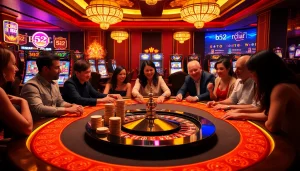 Players enjoying a vibrant game at b52 club poker table with colorful chips and roulette wheel.