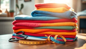 Fleece stof per meter, kleurrijke stoffen op een tafel met scharen en meetlint.