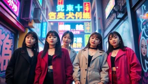 Showcasing blackpink members in a vibrant urban setting with lively elements and engaging poses.