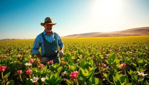 Explore agricultural law practices through a farmer inspecting vibrant crops in a sunny field.