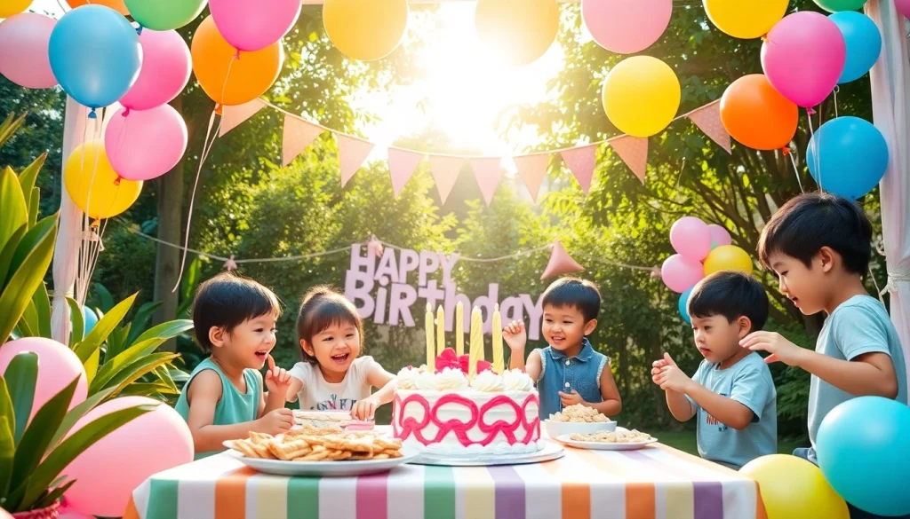 Children celebrating a joyful Singapore birthday party with colorful decorations.