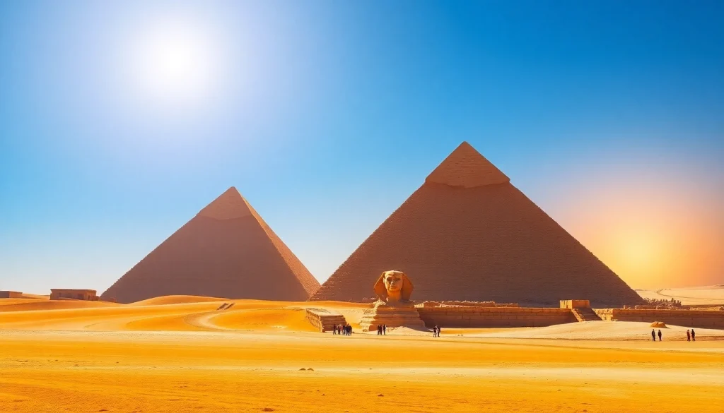 View of impressive piraminds amidst a dramatic sunset, showcasing the grandeur and scale of ancient architecture.