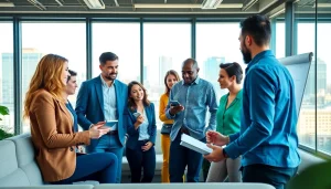 Engaged team discussing strategies in gambit marketing at a modern office.