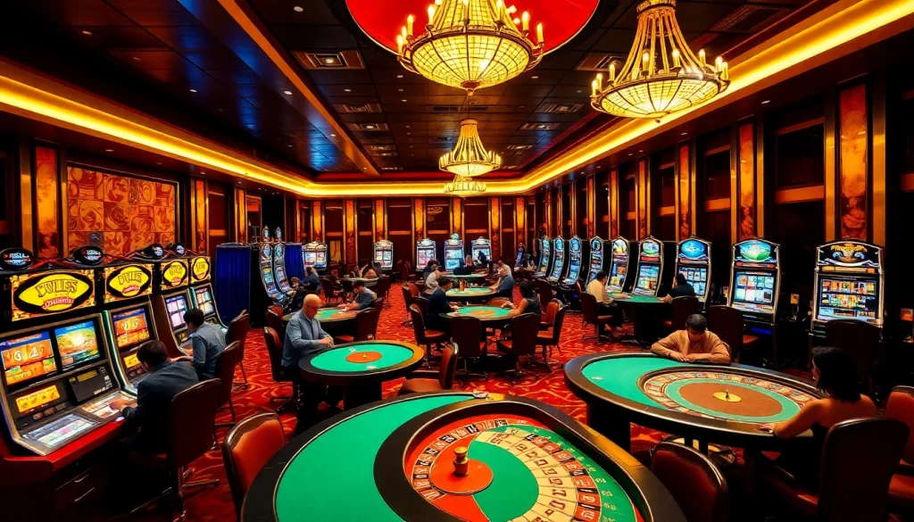 A dynamic gaming scene at fabet3.com featuring players at luxury casino tables and vibrant slot machines.