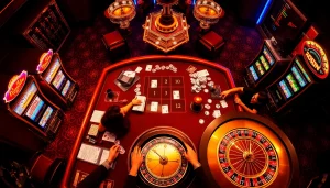 Experience the thrill of high-stakes gambling at MK8.COM, showcasing vibrant casino tables and excited players.