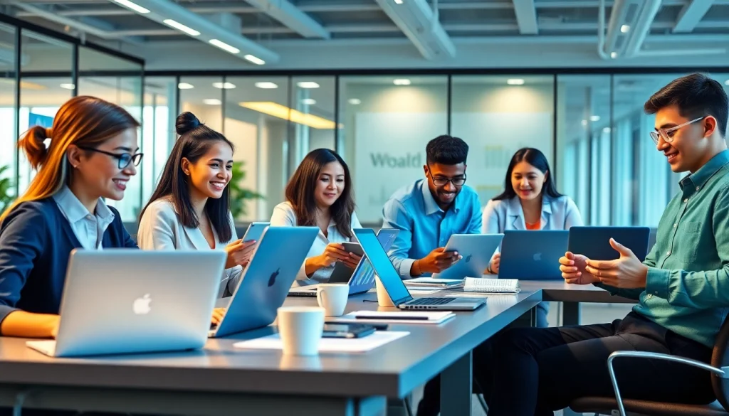 以专业人员使用 WPS 下载工具和设备进行协作的动态办公场景。