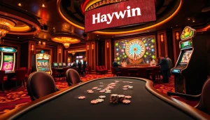 Players engaging in high-stakes poker at a luxurious Haywin casino table with colorful chips and vibrant atmosphere.