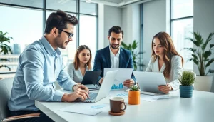 Analyze competitor pricing strategies with focused professionals working in a bright office setting.