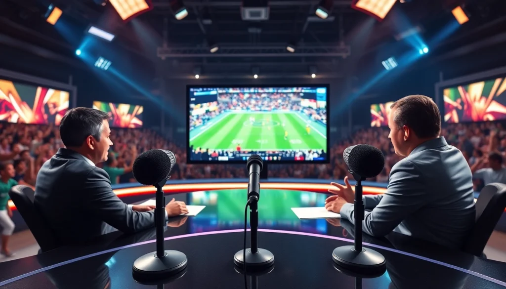 Hosts discussing sports broadcasting in a lively studio with vibrant highlights.