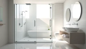 Experience elegant showers featuring a modern design in a well-lit bathroom.