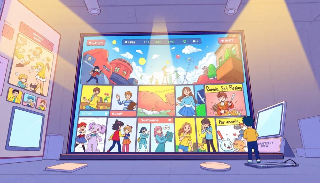 뉴토끼 웹툰 플랫폼의 다양한 장르와 인터페이스를 보여주는 삽화