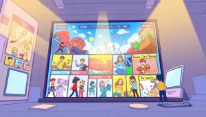 뉴토끼 웹툰 플랫폼의 다양한 장르와 인터페이스를 보여주는 삽화