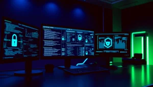 Cybersecurity AI workspace with futuristic tech, showcasing algorithms and security elements.