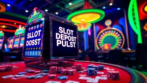 Exciting casino atmosphere showcasing slot deposit pulsa on a vibrant slot machine amid colorful gambling elements.