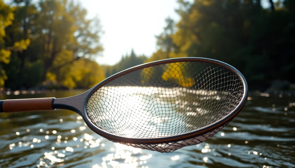 Experience the beauty of a Fly fishing net against a serene river, showcasing its intricate design and craftsmanship.