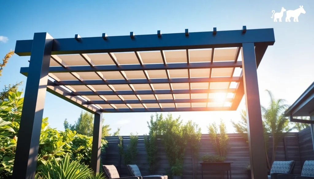 Enhance your outdoor space with a modern steel pergola, showcasing sleek design and luxurious ambiance.