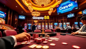 Players enjoying a high-stakes poker game at a casino featuring Gopay88 branding.