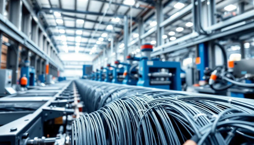 Wire Manufacturer showcasing a high-tech production facility with intricate machinery.