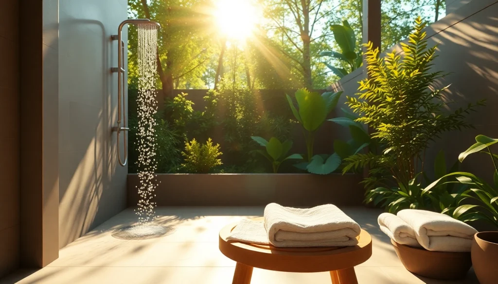 Experience the refreshment of a sunny shower in a sleek outdoor bathroom.