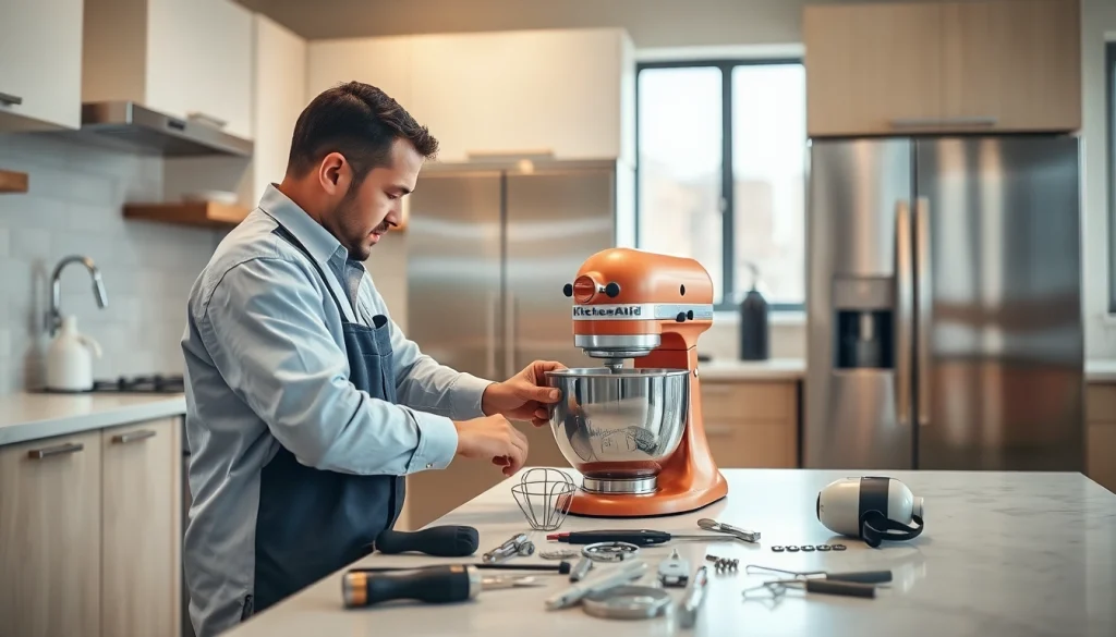 Expert conducting kitchenaid appliance repair ottawa in a bright kitchen environment with tools.