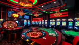 MM88 online gambling scene with vibrant slot machines and digital roulette wheel, highlighting luxury.
