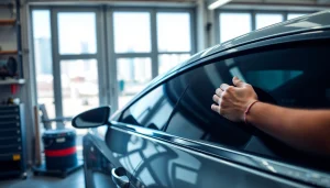 Apply premium window tint near me for a sleek car finish in a modern garage