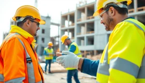 Promoting construction site safety with workers using safety gear in an active construction zone.