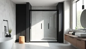Enhance your bathroom with a stylish black shower sliding door featuring sleek glass and modern design.