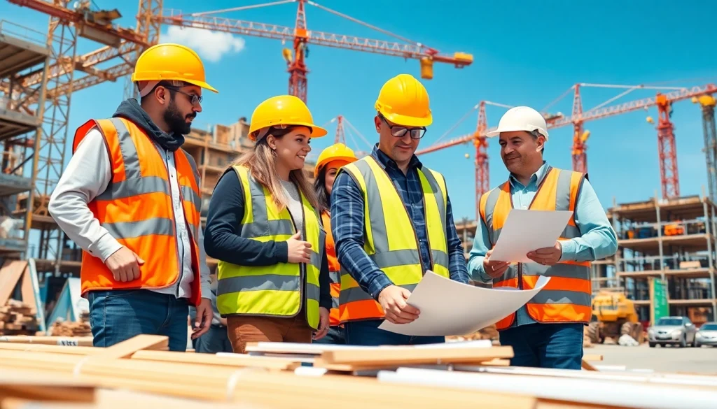Engaged professionals discussing Careers in construction on a busy job site.