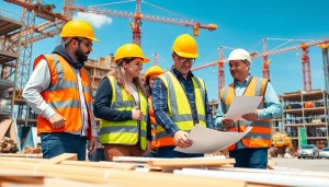 Engaged professionals discussing Careers in construction on a busy job site.