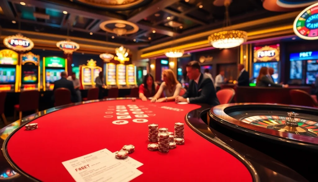 Experience the excitement of gambling with F8BET's vibrant casino scene featuring poker tables and roulette wheels.