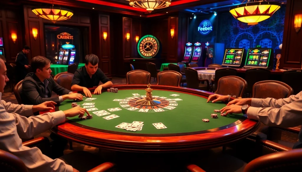 Experience the thrill of professional casino gameplay at https://febet8.com with vibrant poker action and luxurious setting.