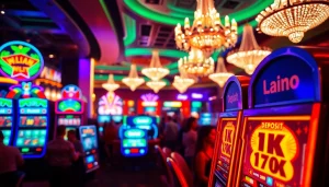 Menggambarkan slot depo 1k dengan mesin slot modern dan suasana kasino yang meriah.