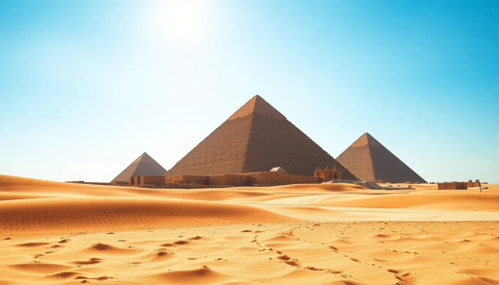 Discover the majestic piraminds of Giza towering against the blue sky.