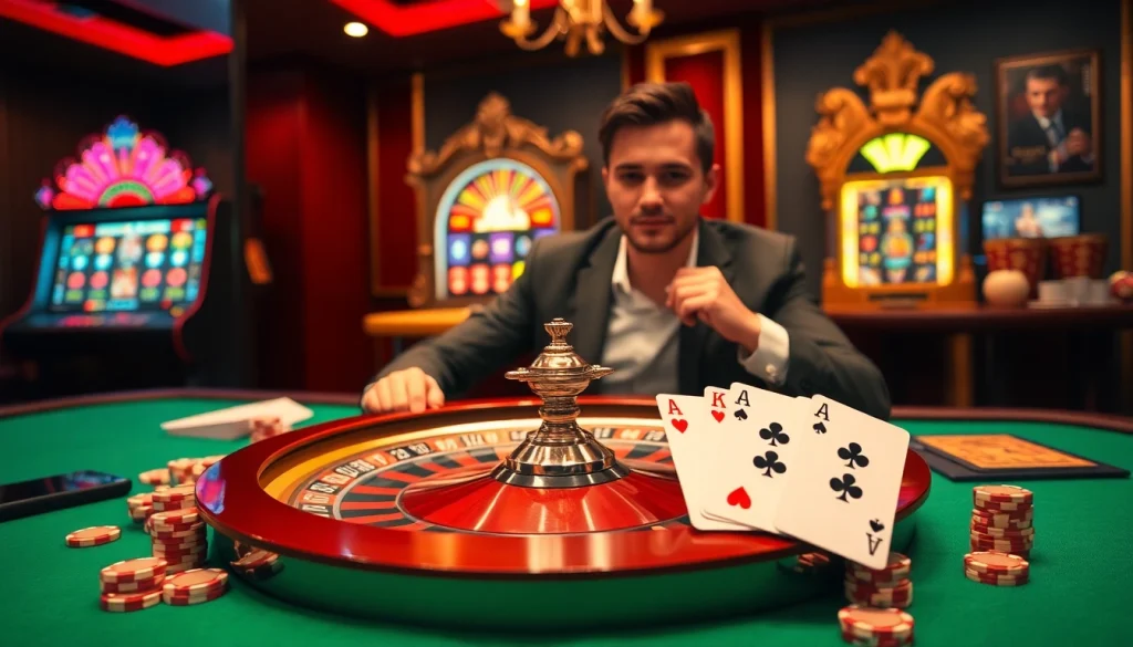 The excitement of strategic betting at https://mk8th.net/, showcasing a luxurious casino scene with roulette wheel, poker chips, and thrilling atmosphere.