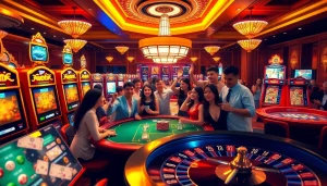 Naga169 tanpa potongan showcases an exhilarating online gambling experience with vibrant slot machines and happy players.