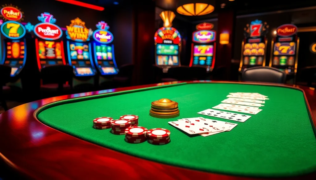 Exciting scene of an idnslot casino with poker chips, cards, and illuminated slot machines.