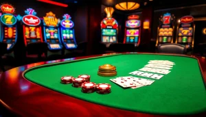 Exciting scene of an idnslot casino with poker chips, cards, and illuminated slot machines.