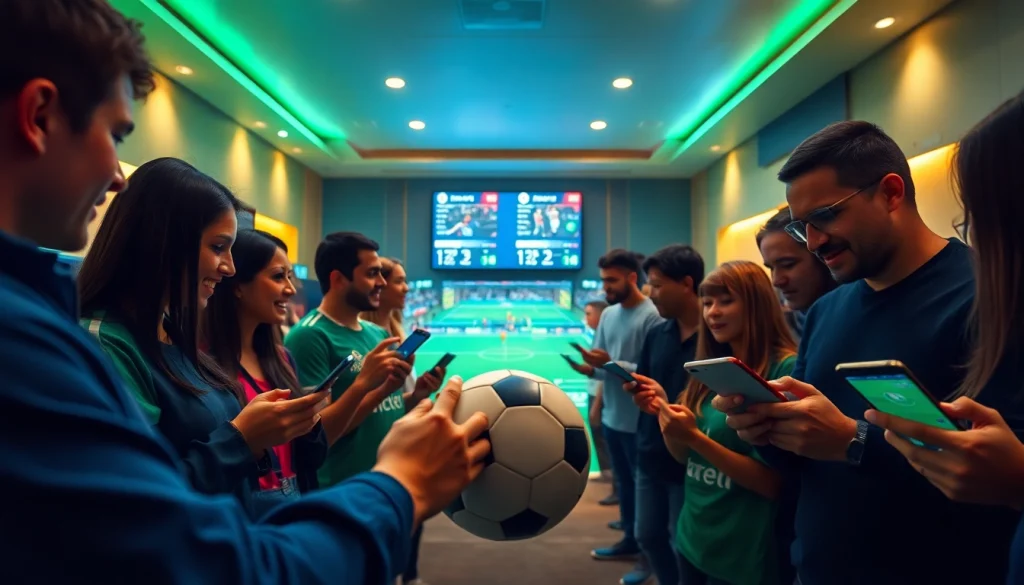 Live football betting scene showcasing tỷ lệ kèo on digital interfaces, engaging sports fans.