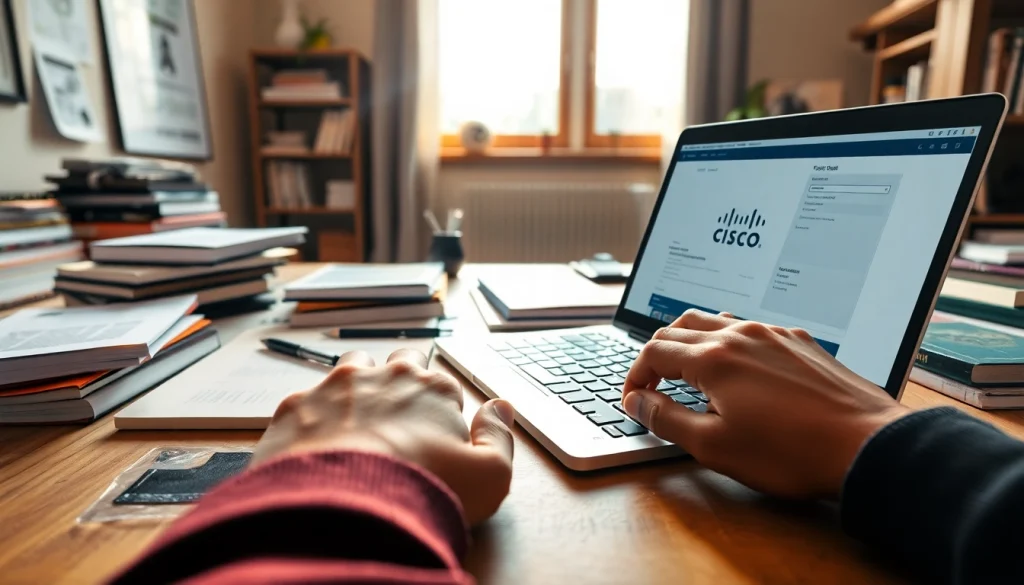 Engaged individual utilizing Cisco exam assistance materials in a bright study environment.