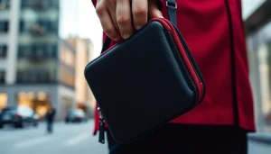 Mit einer abschließbaren Handytasche, die ihren hochwertigen Stoff und ihre Sicherheitsmerkmale zeigt.