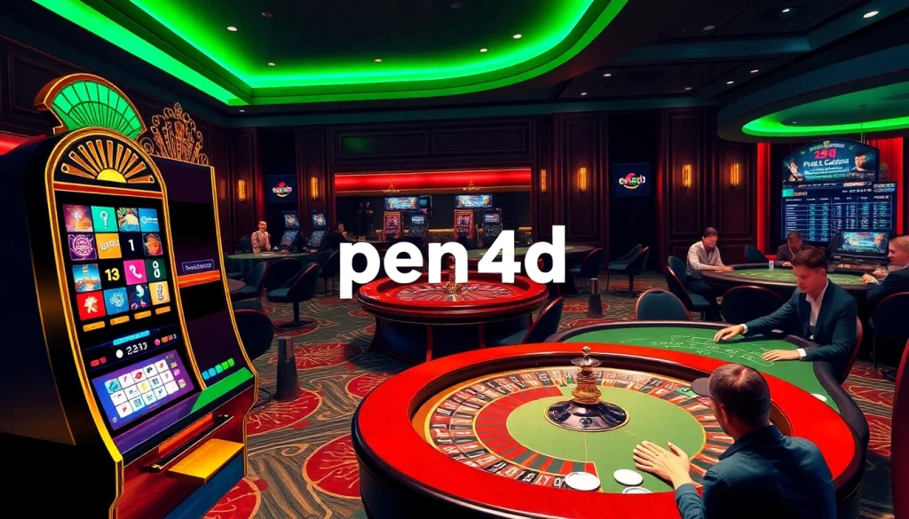 PEN4D login showcased in an exciting casino setting with slot machines, poker tables, and roulette.