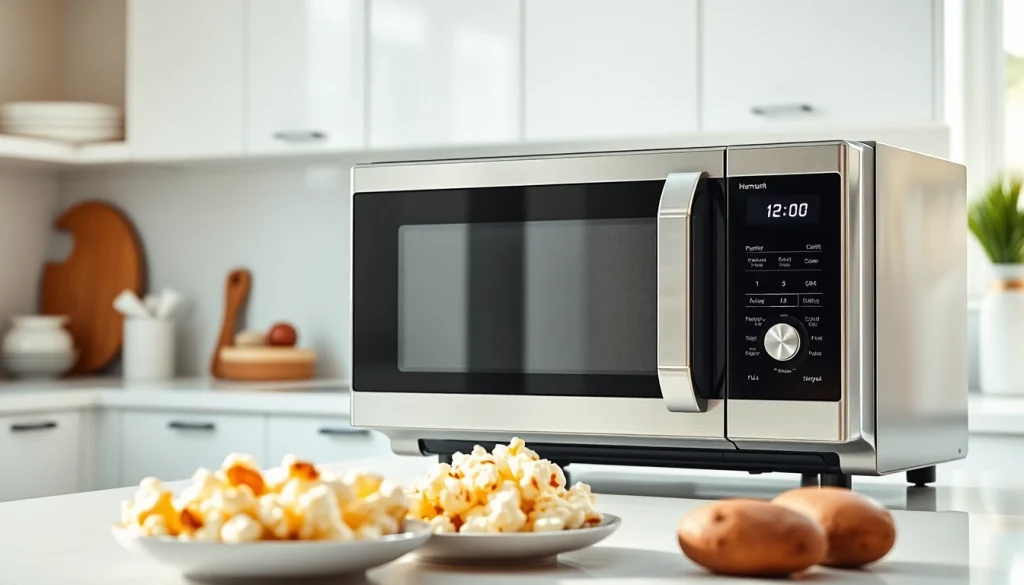 Efficient Microwave Oven on a countertop beside delicious prepared dishes.
