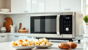 Efficient Microwave Oven on a countertop beside delicious prepared dishes.