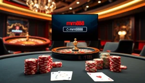 Experience excitement at the mm88 link poker table with vibrant chips and a roulette backdrop.