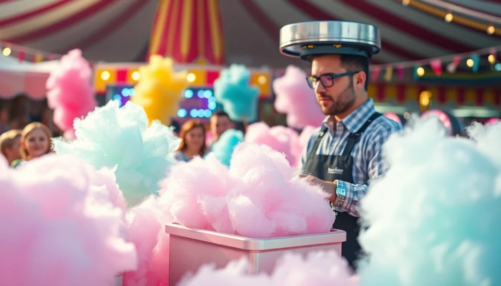 Geniet van goedkope wafelkatoen met kleurrijke suikerspin op een kermis.