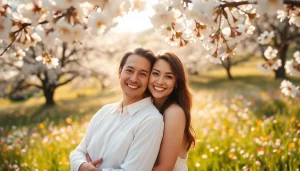 Capture light & airy photography featuring a couple in a tranquil meadow, surrounded by soft blossoms.